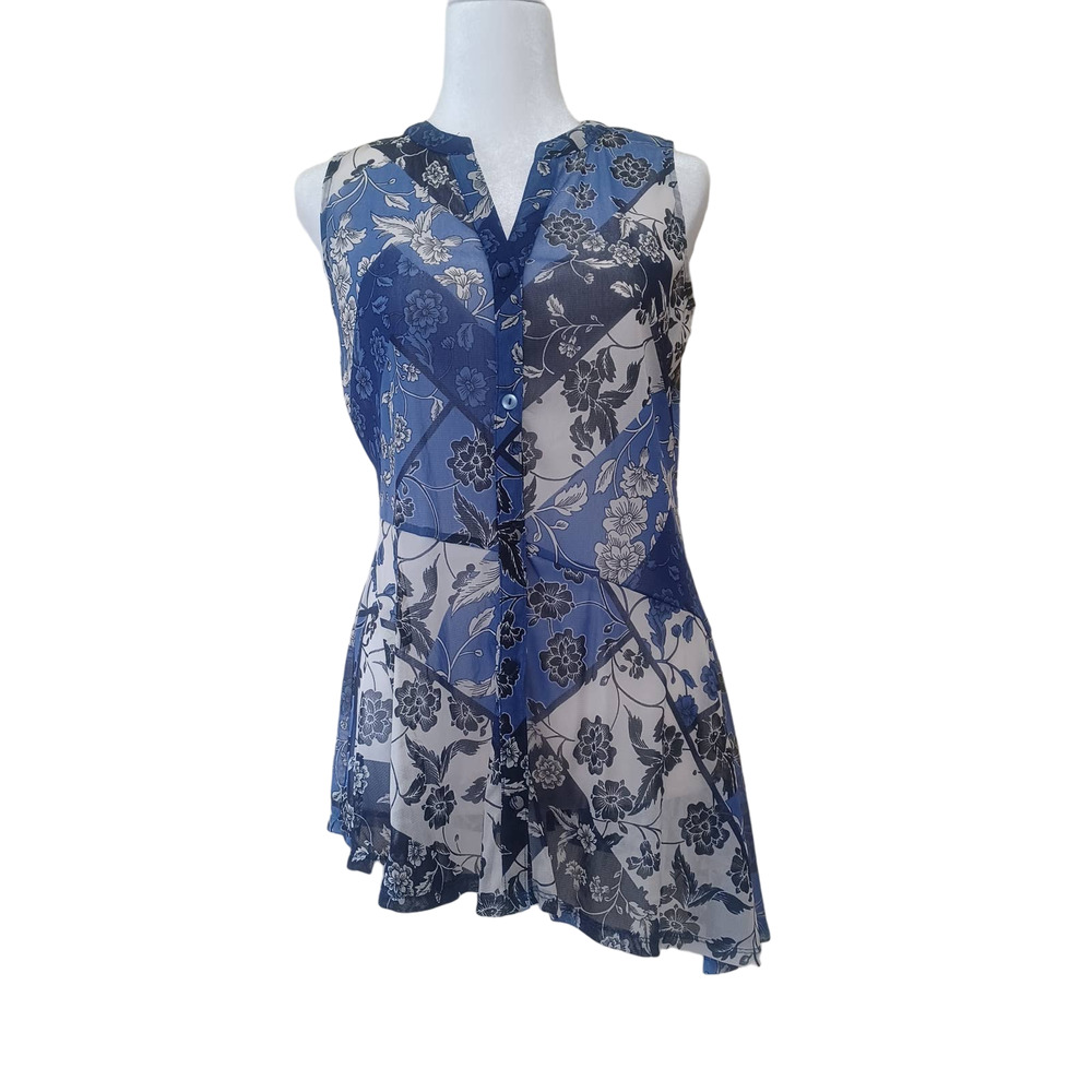 INC International Concepts Floral Print Asymmetrical Blouse Blue front buttons